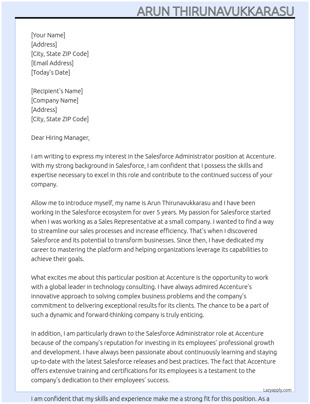 Salesforce Administrastor At Accenture Cover Letter