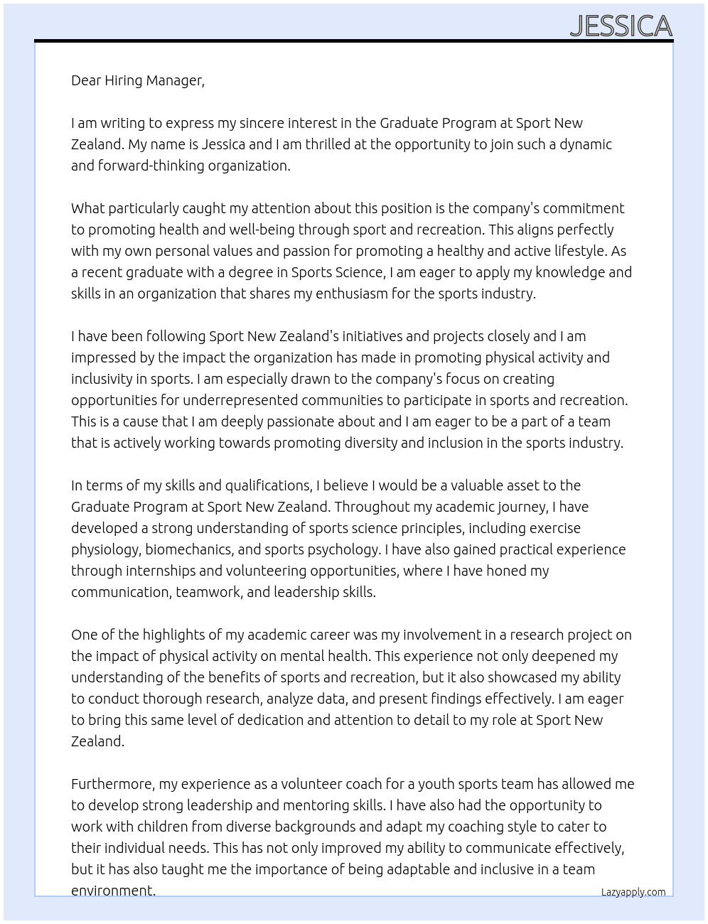 Graduate program At Sport New Zealand Cover Letter