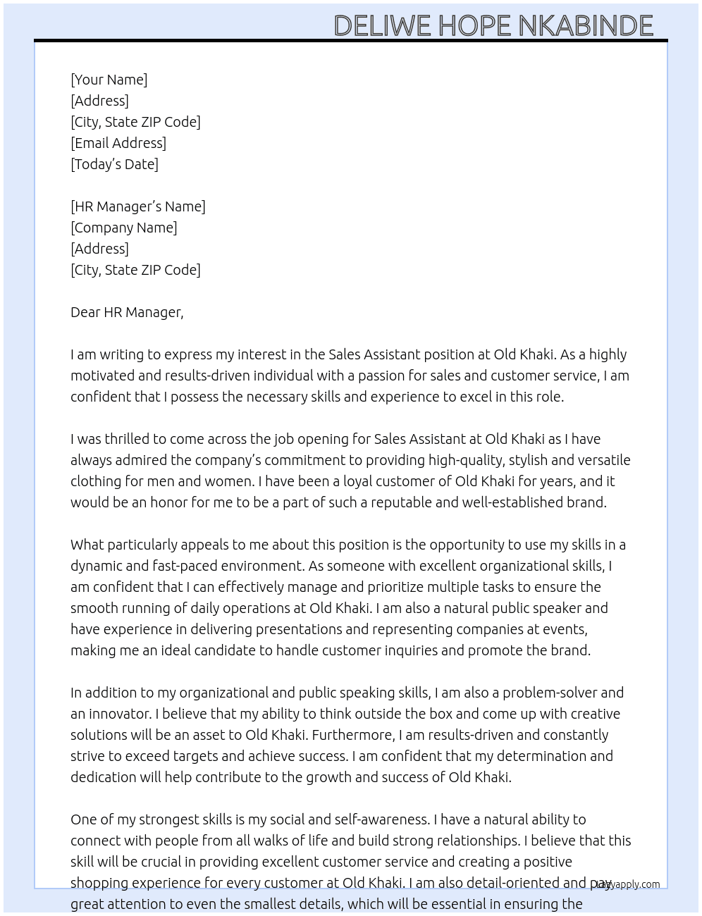 Sales Assistant  At Old khaki   Cover Letter