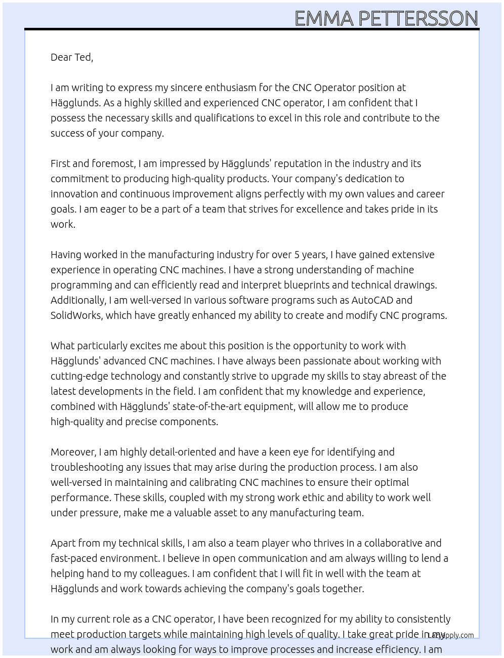 CNC Operator At Hägglunds Cover Letter