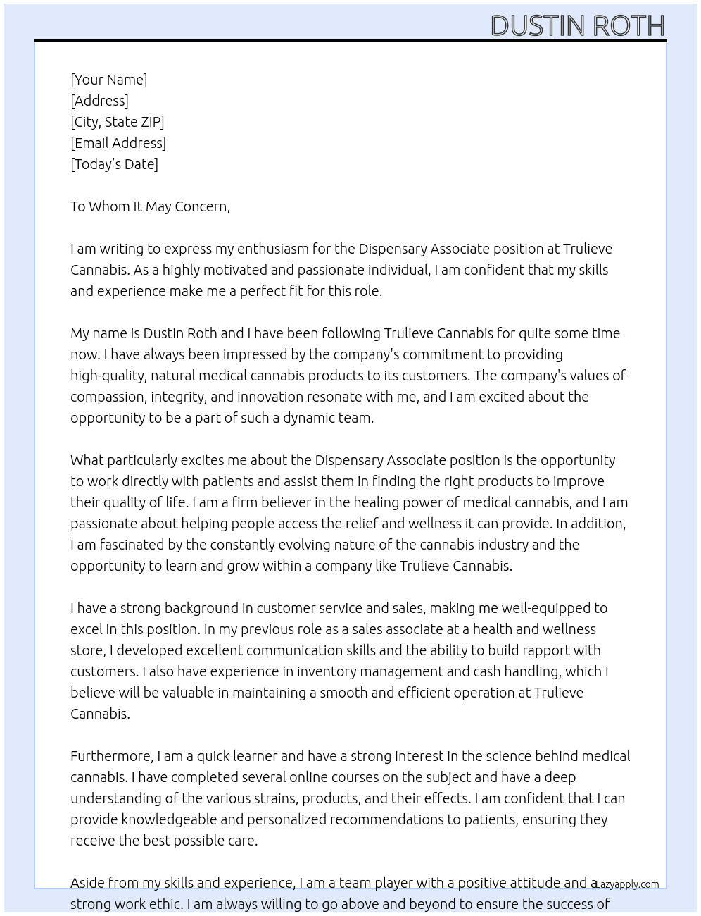 Dispensary Associate At Trulieve Cannabis Cover Letter