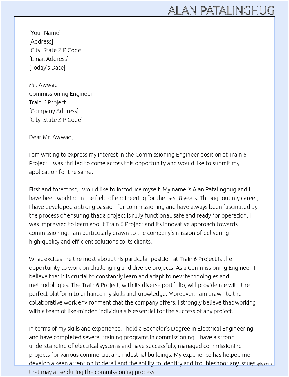 Commissioning Engineer At Train 6 Project Cover Letter