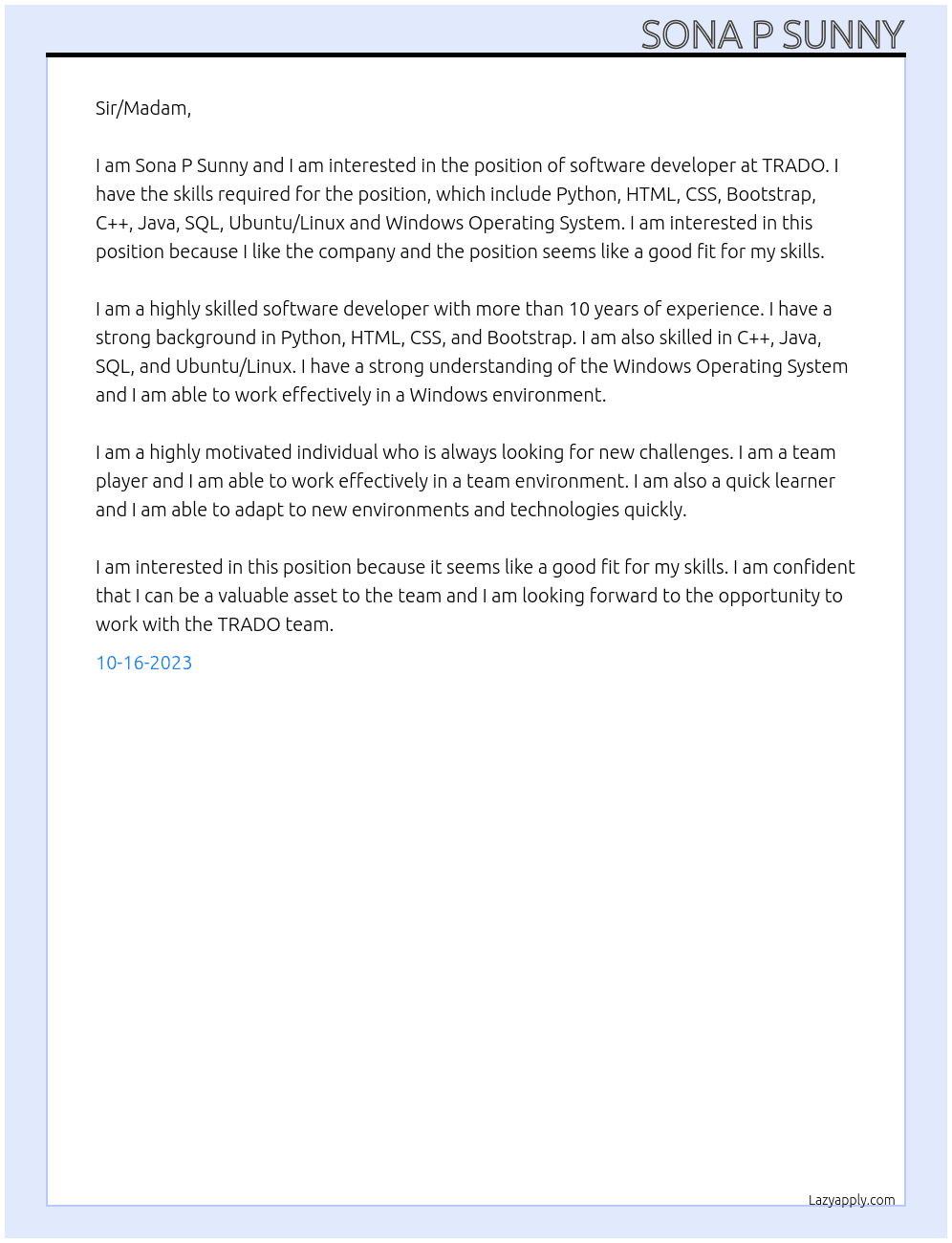 software developer At TRADO Cover Letter