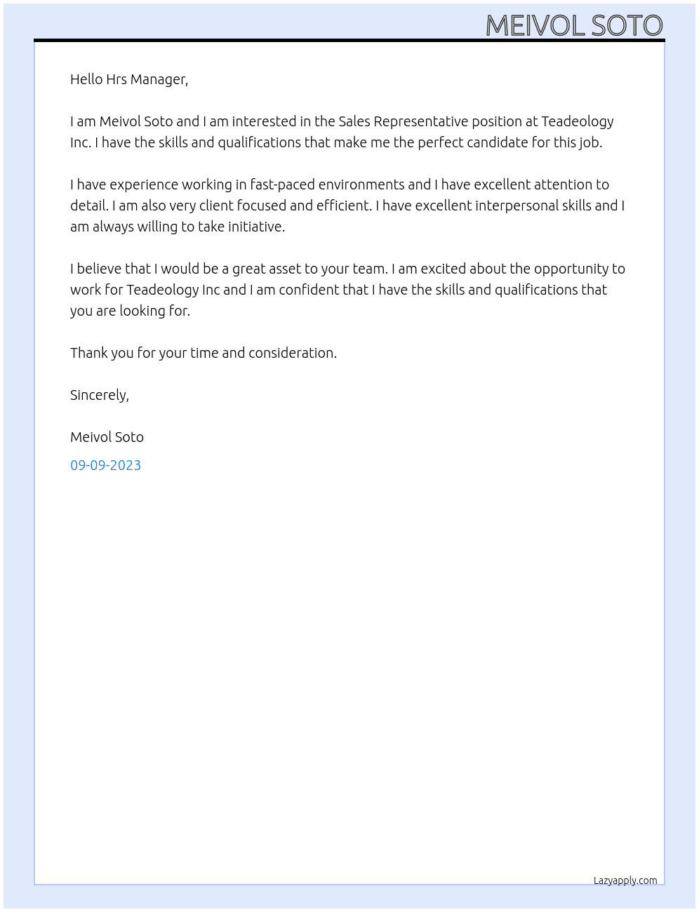 Sales representative  At Teadeology Inc Cover Letter