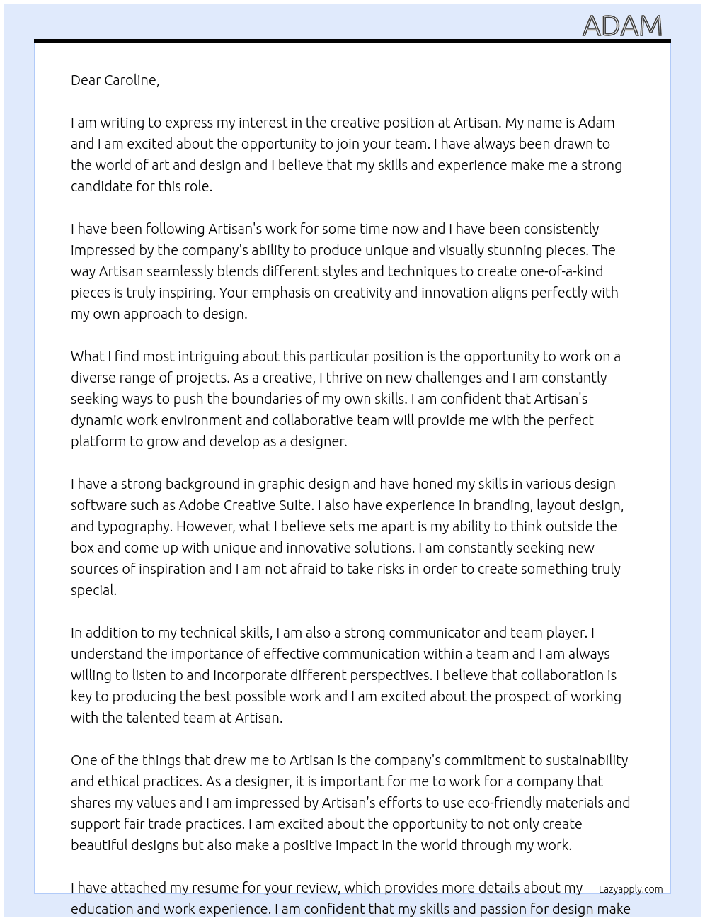 creative At Artisan Cover Letter