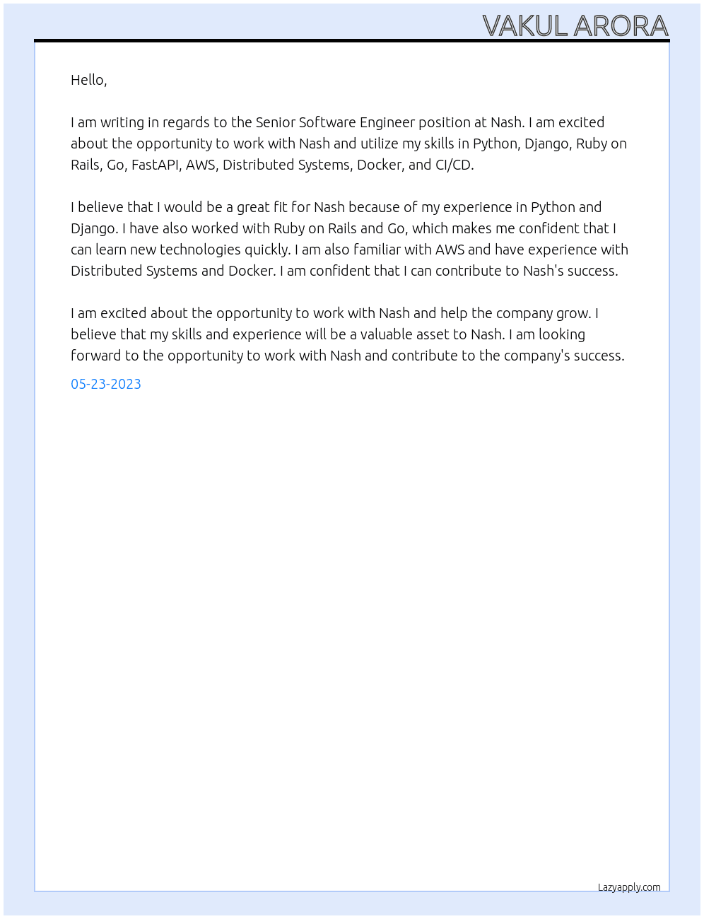 Senior Software Engineer At Nash Cover Letter