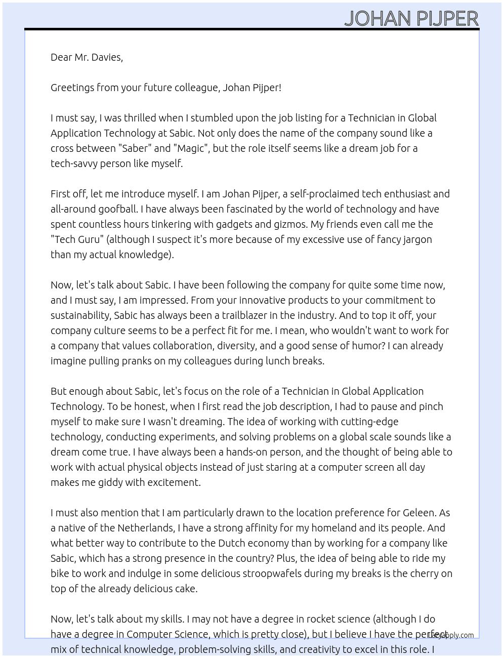 Technician global application technology At Sabic Cover Letter