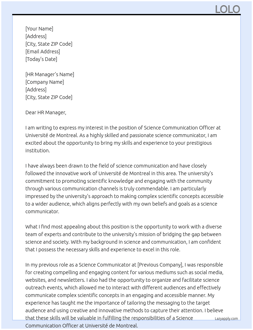 Science Communication Officer At Université de Montreal Cover Letter