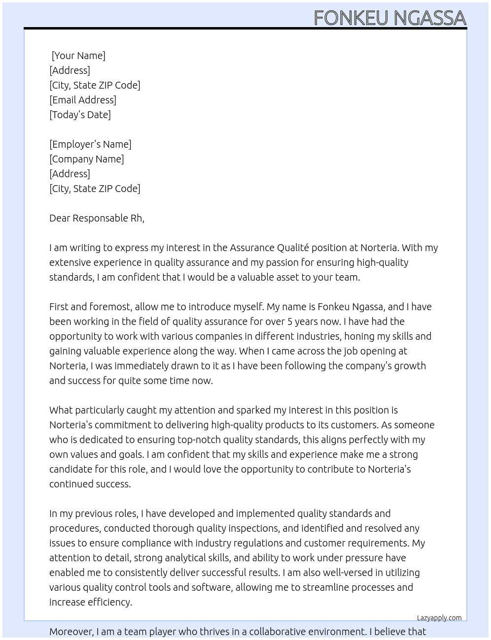 assurance qualité At norteria Cover Letter