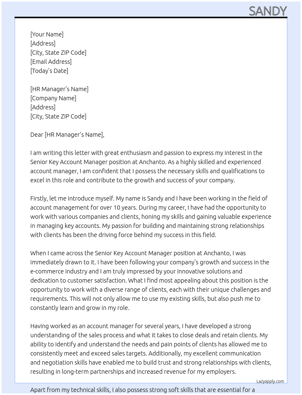 Senior Key Account Manager At Anchanto Cover Letter