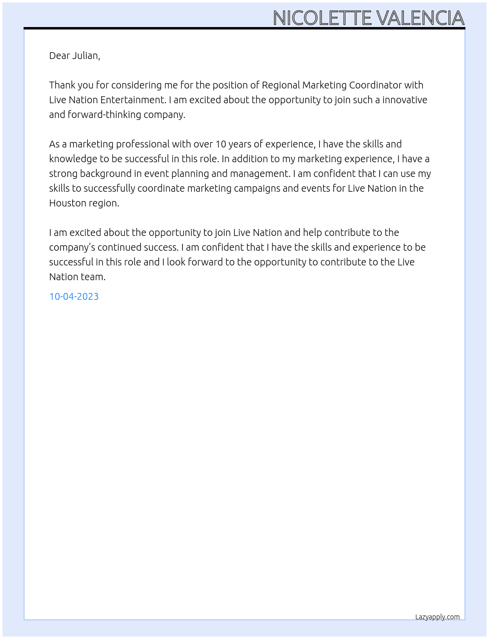 LN Cocerts, Regional Marketing Coordinator At Live Nation Entertainment Cover Letter