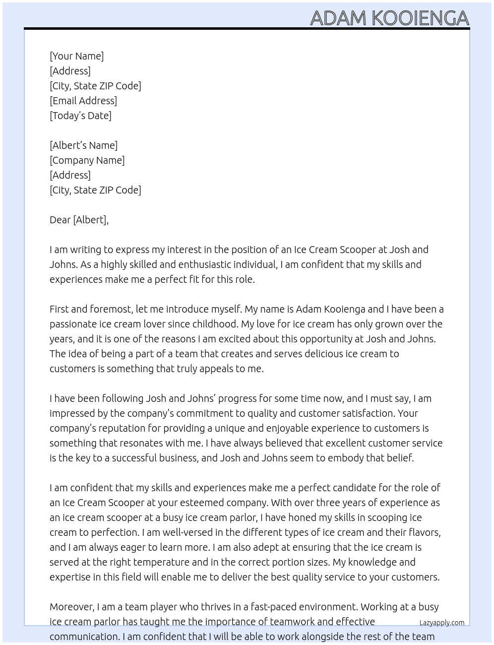 Ice Cream Scooper At Josh and Johns Cover Letter