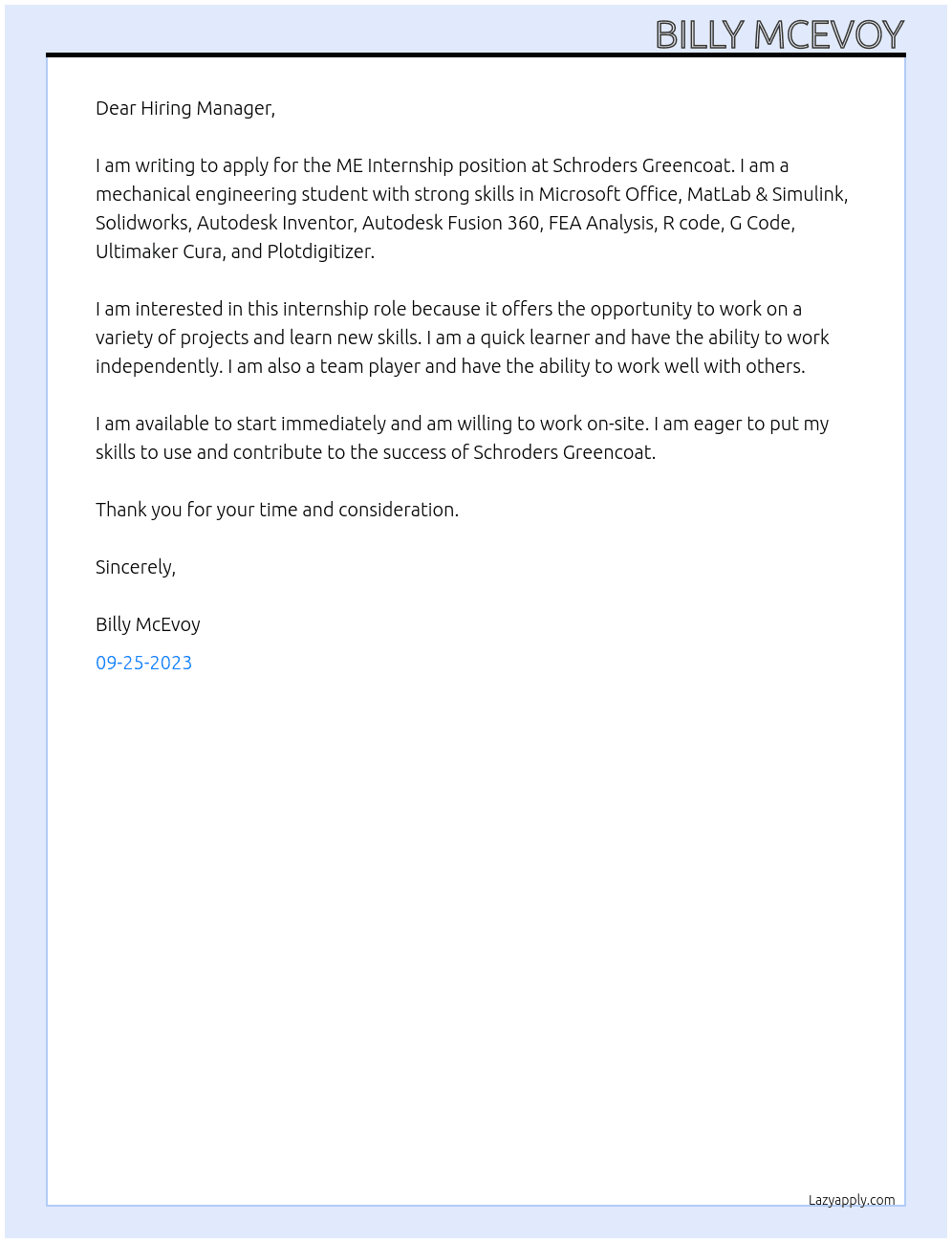 ME Internship At Schroders Greencoat Cover Letter