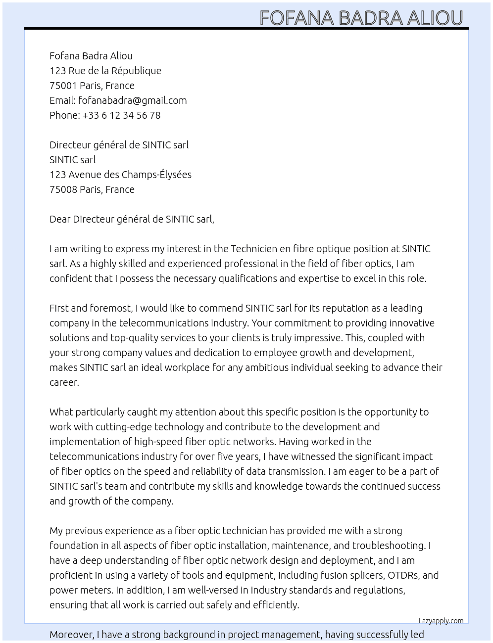 Technicien en fibre optique  At SINTIC sarl Cover Letter