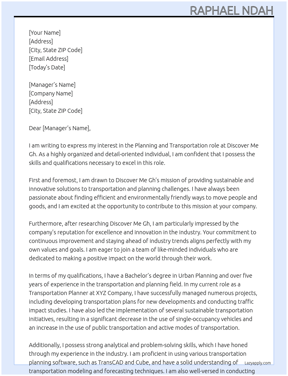 Planning and Transportation  At Discover Me Gh. Cover Letter