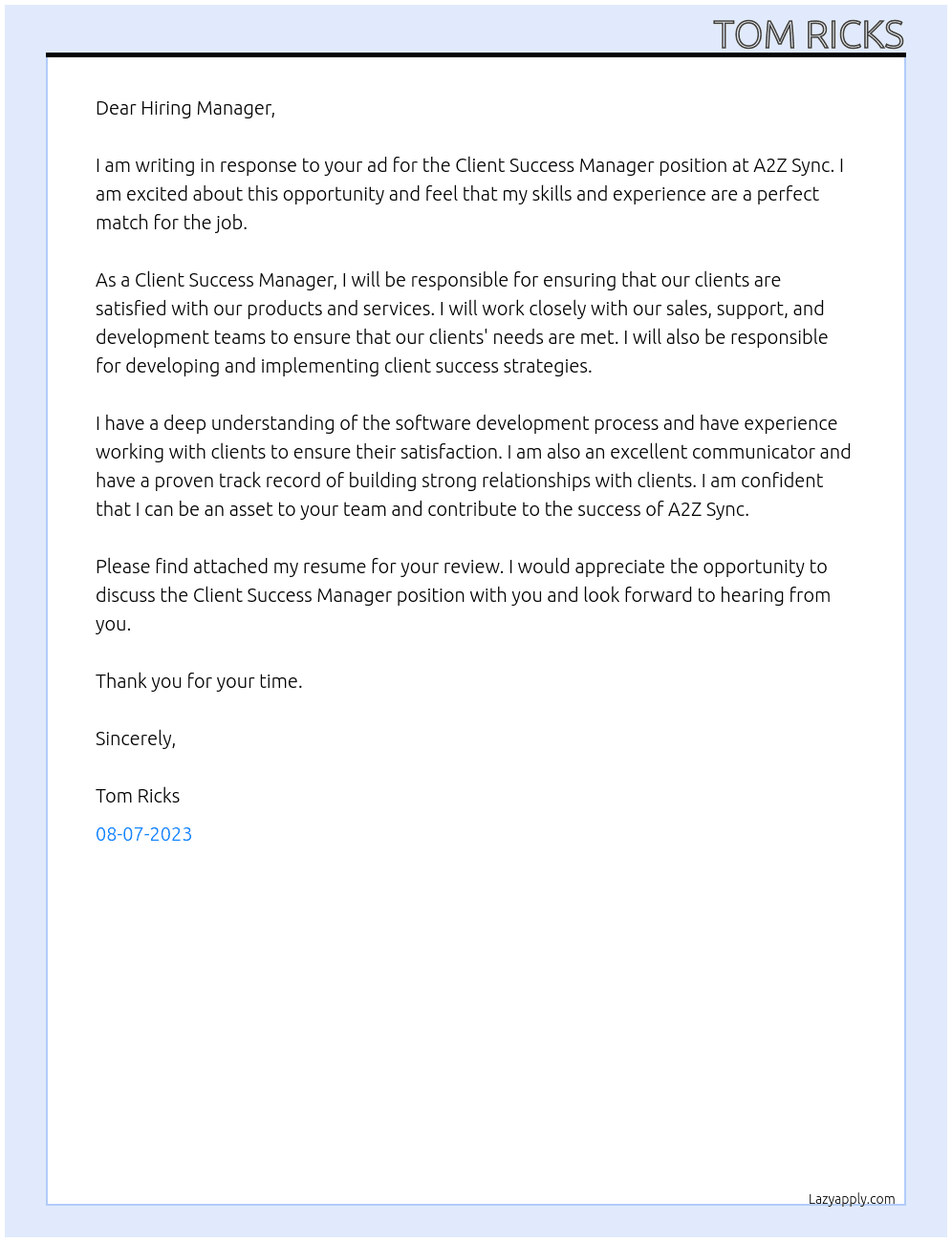 client success manager At A2Z Sync Cover Letter