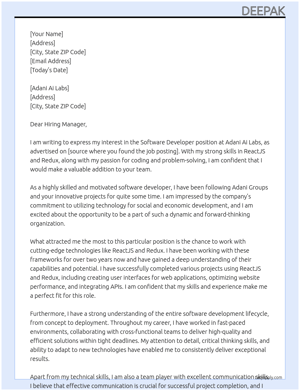 software developer At Adani groups Cover Letter
