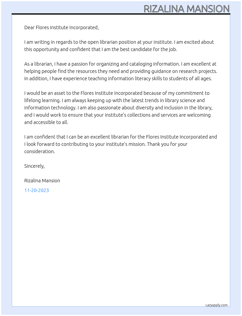Librarian At Flores Institute Incorporated Cover Letter