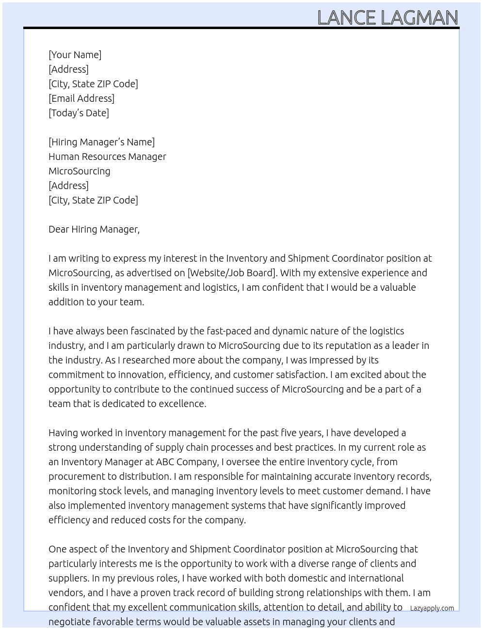 Inventory and Shipment Coordinator At MicroSourcing Cover Letter