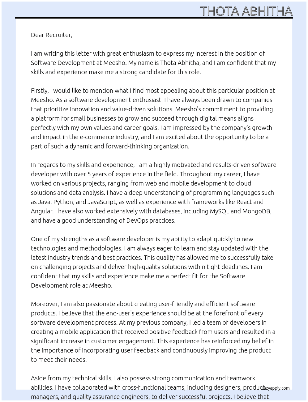 Software development At Meesho Cover Letter