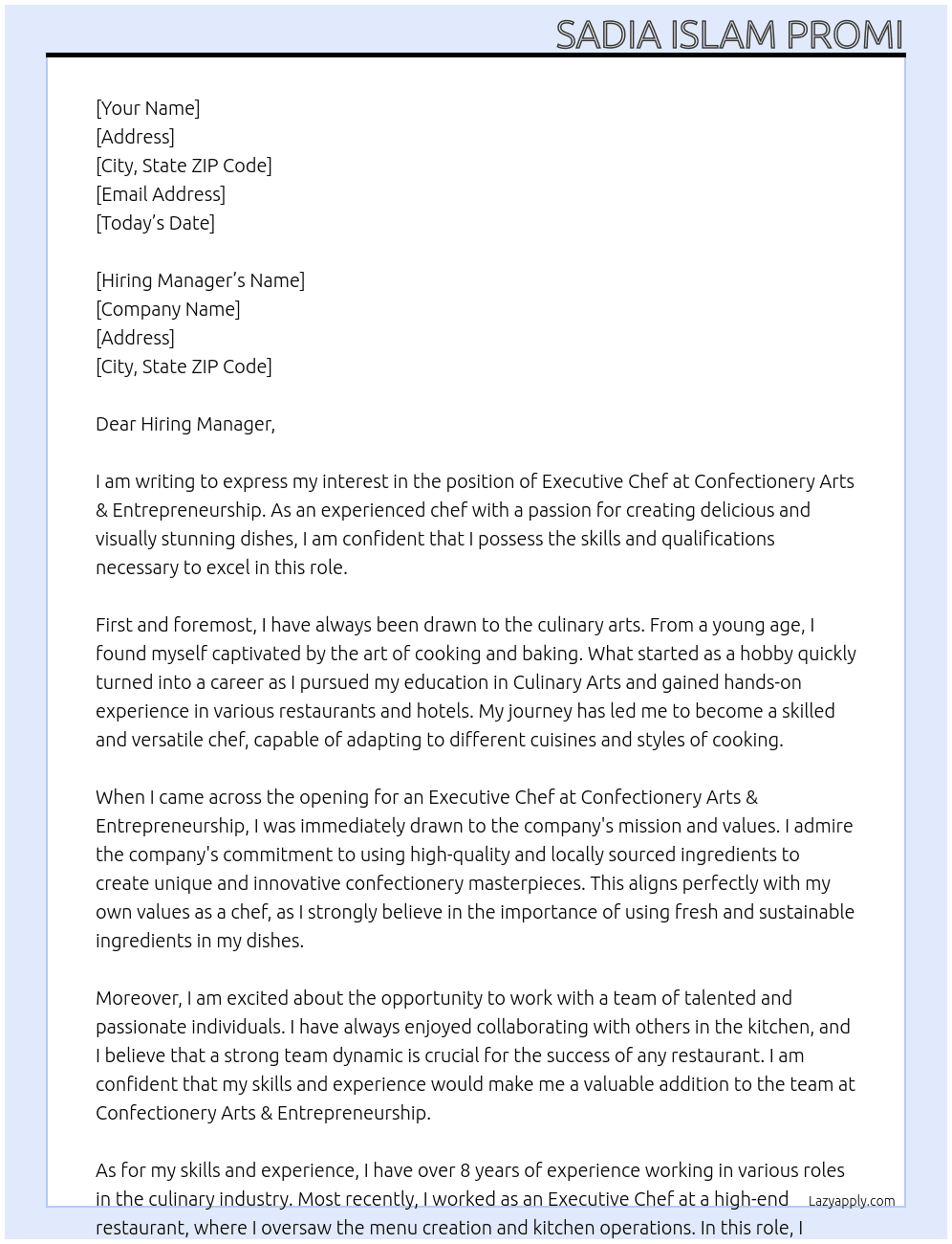 Executive Chef At Confectionery Arts & to Entrepreneurship Cover Letter