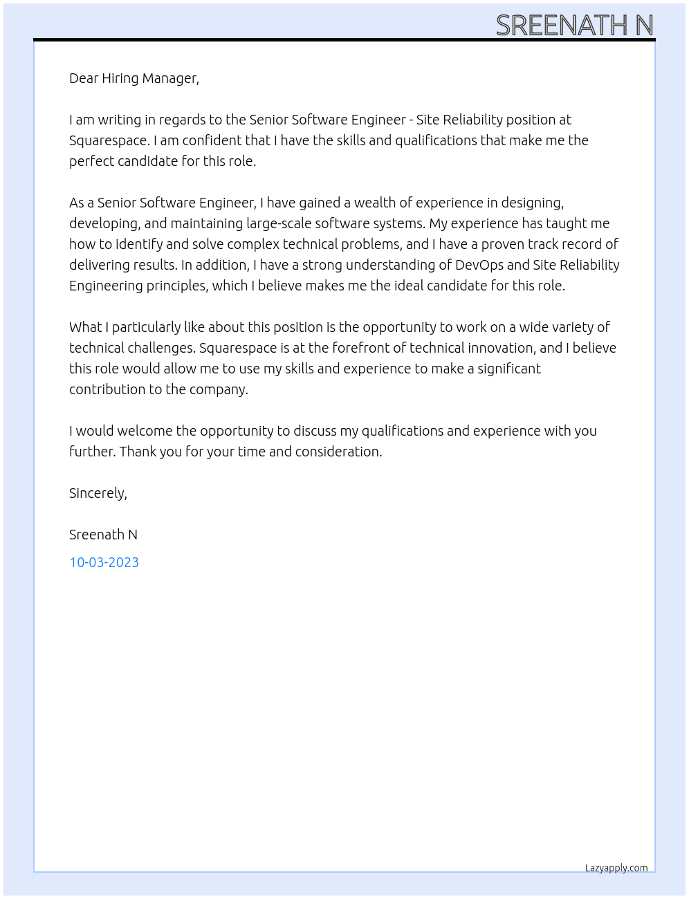 Senior Software Engineer - Site Reliability At Squarespace Cover Letter