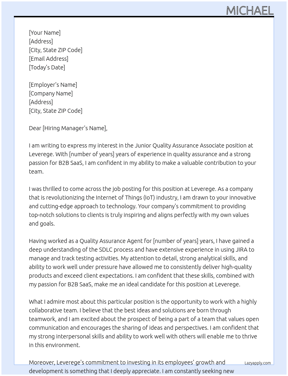 Junior Quality Assurance Associatet Experience Agent  At Leverege Cover Letter
