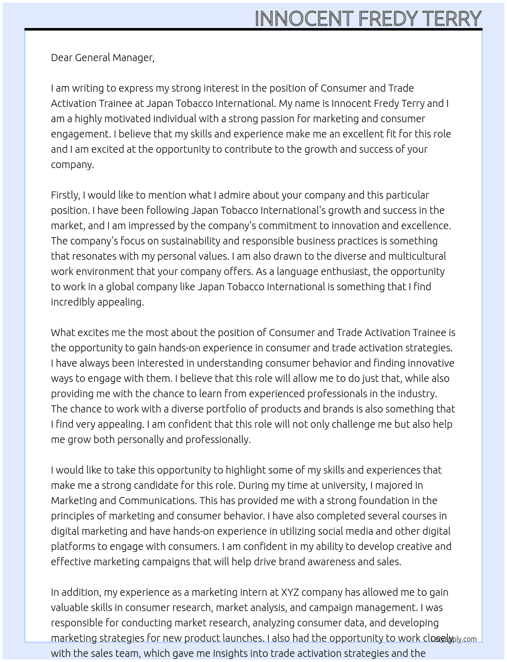 Consumer and Trade activation Trainee  At Japan Tobacco International  Cover Letter