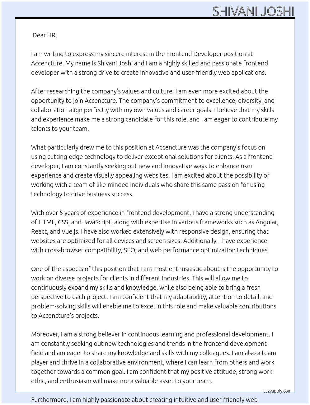 Frontend developer At Accencture Cover Letter