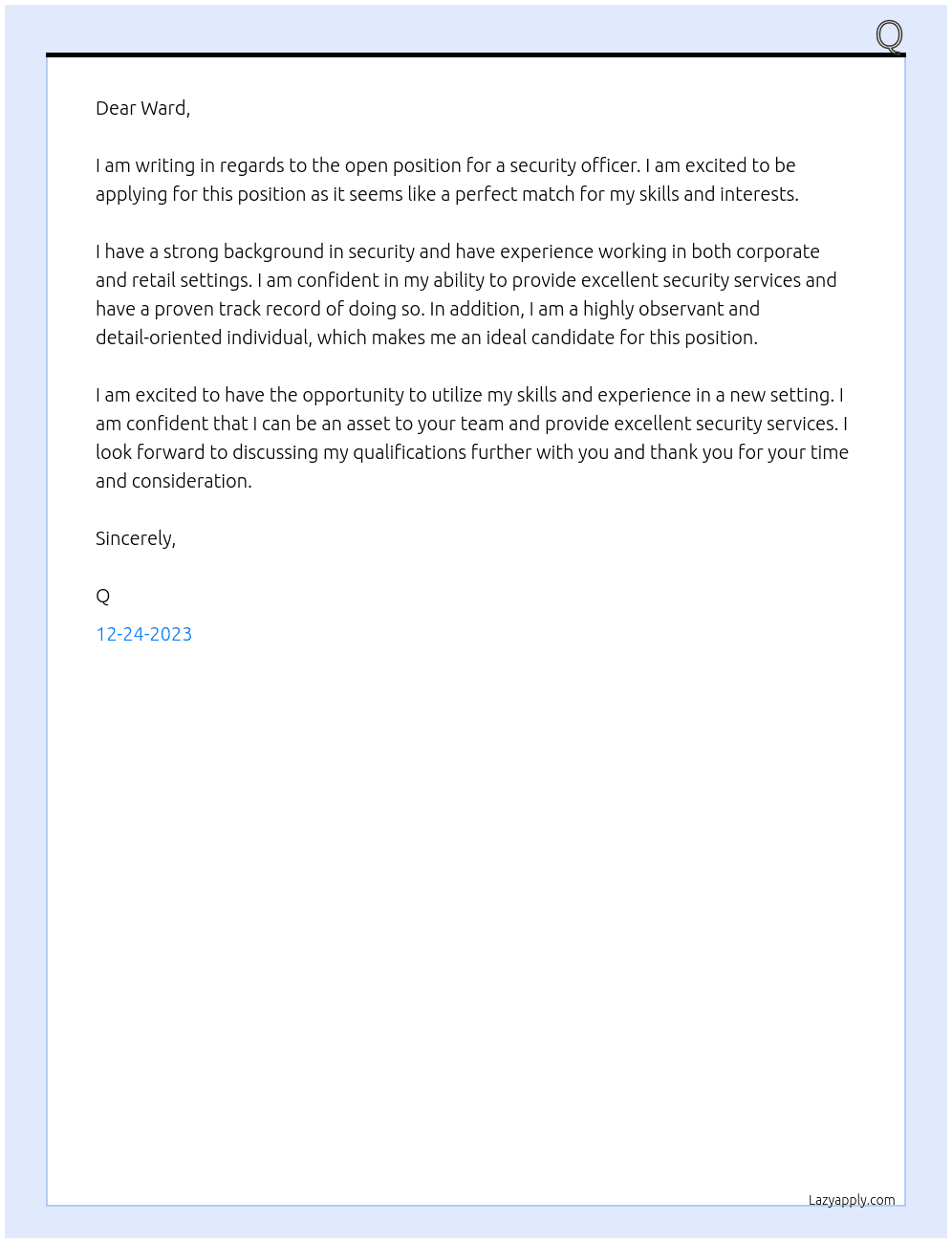 Security Officer At Ward Cover Letter