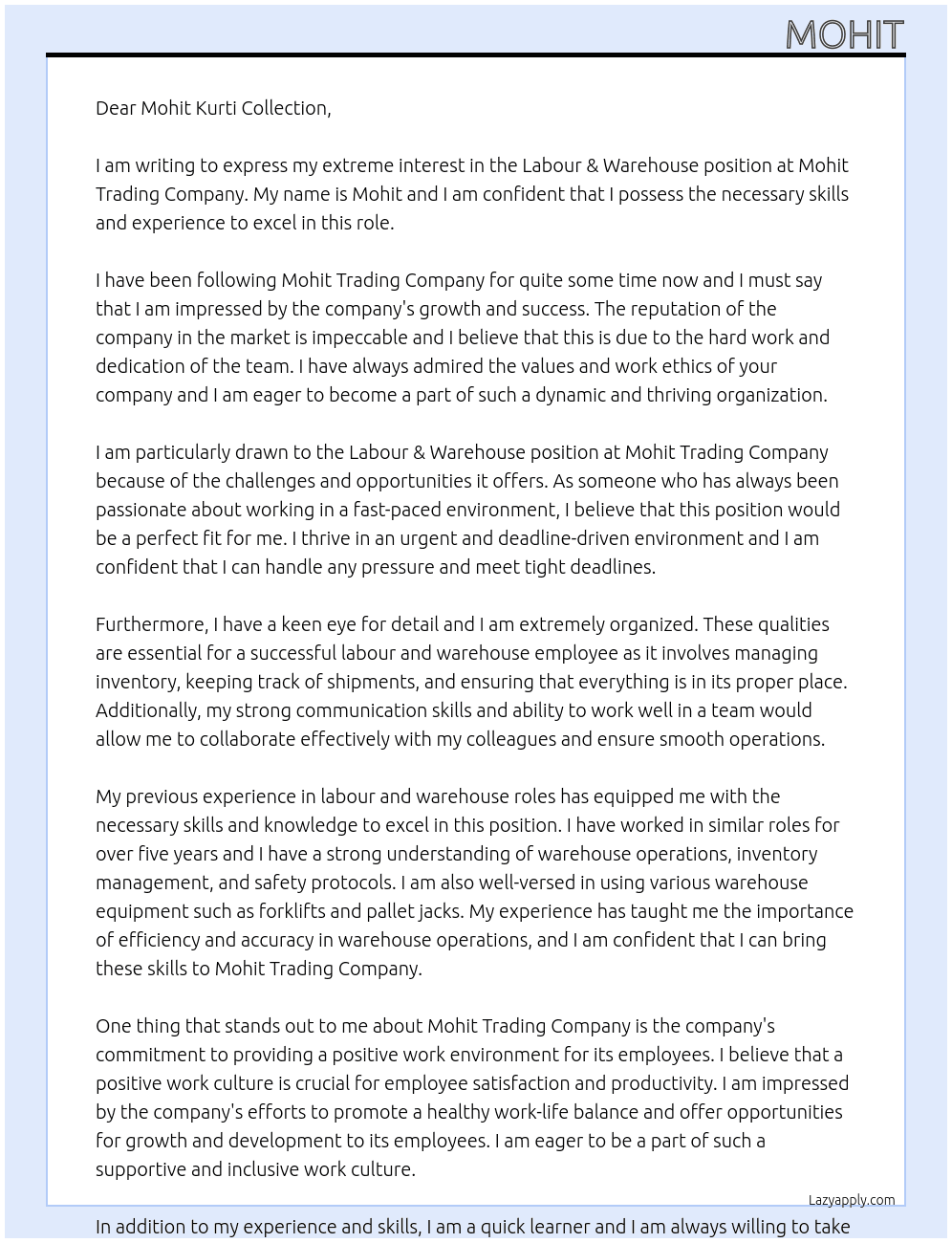 Cover letter for labour & warehouse - LazyApply