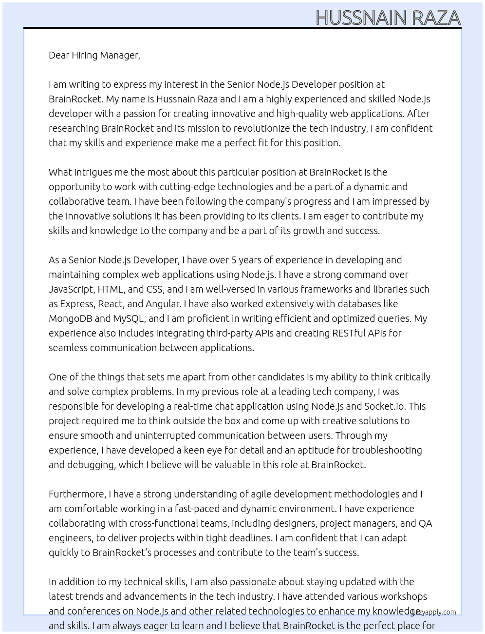Cover letter for senior node js devloper - LazyApply
