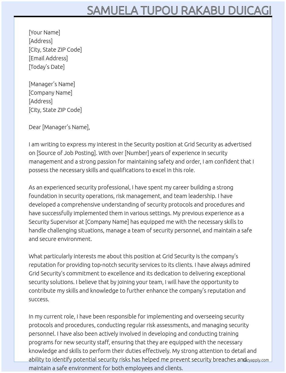 Security  At Grid Sercurity Cover Letter