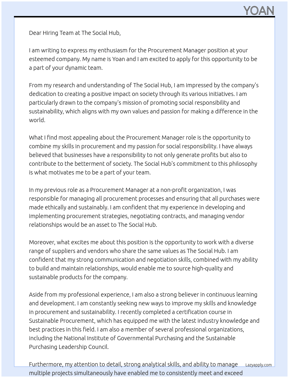 Procurement manager At The Social Hub Cover Letter