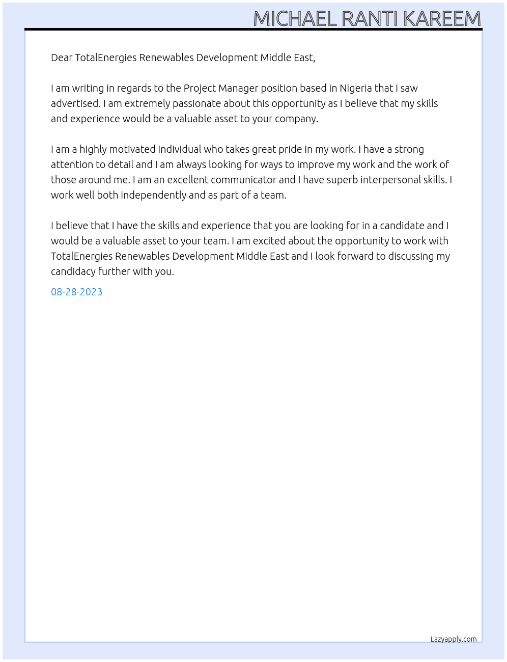 Project Manager based in Nigeria At TotalEnergies Renewables Development Middle East Cover Letter