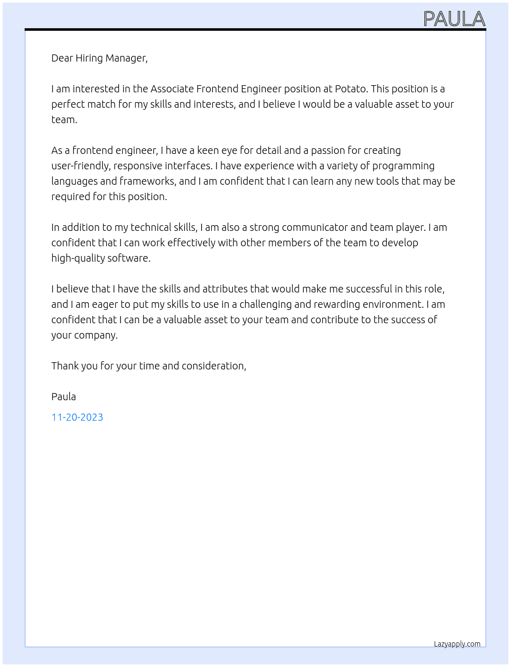 Associate Frontend Engineer At Potato Cover Letter
