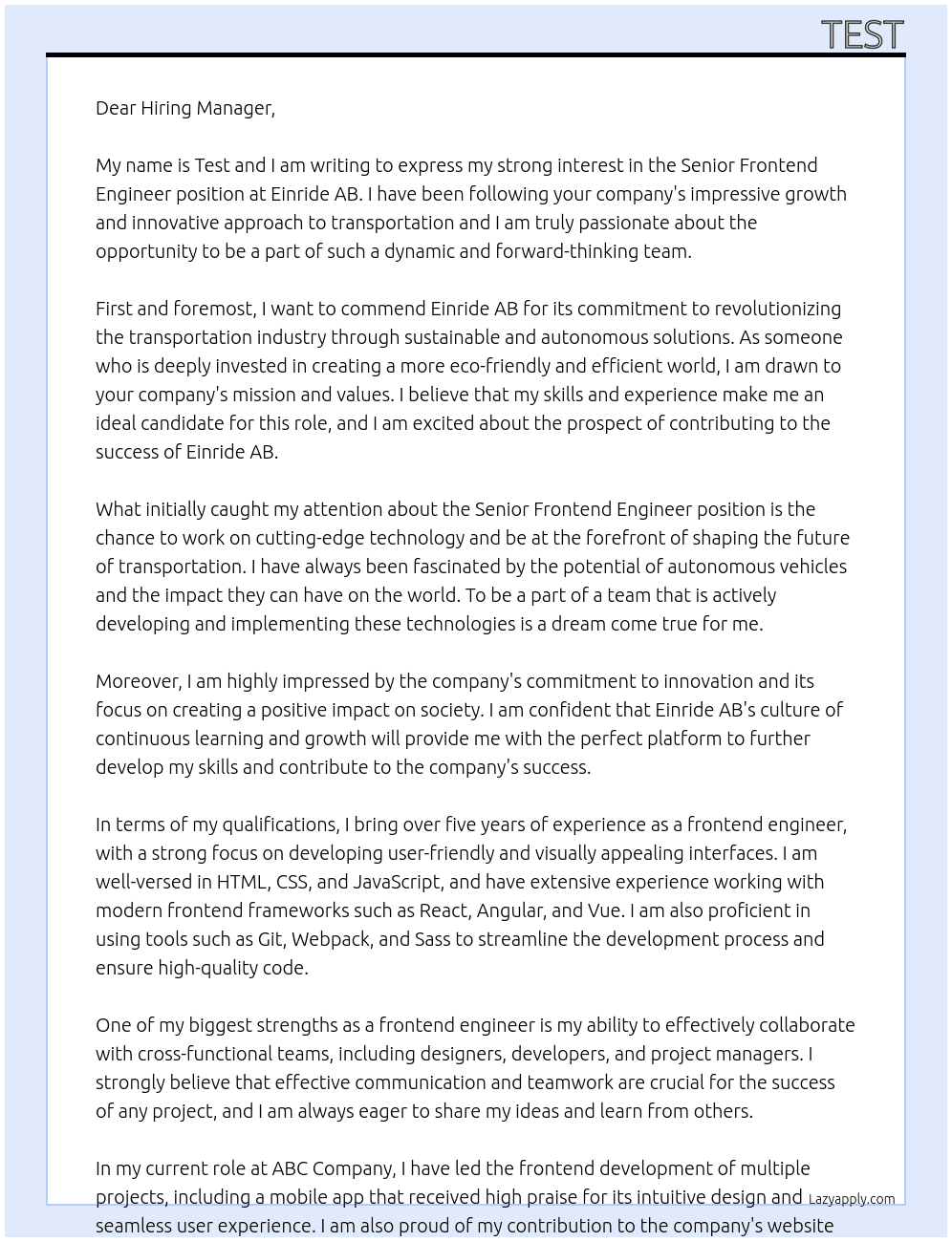 Senior Frontend Engineer At Einride AB Cover Letter