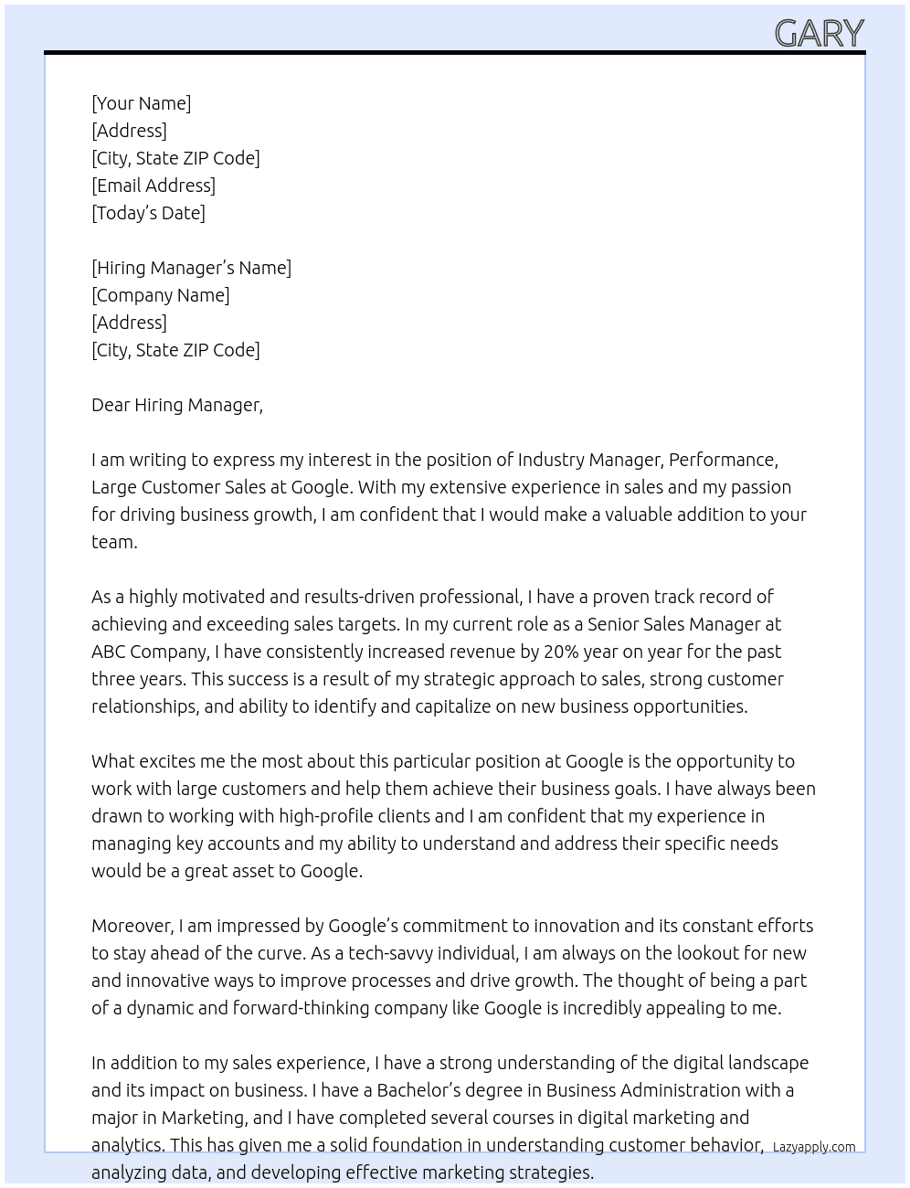 Cover letter for industry manager, performance, large customer sales - LazyApply