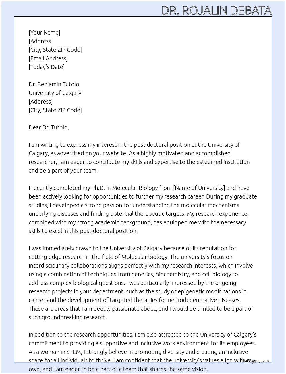 post doctoral position At University of Calgary Cover Letter
