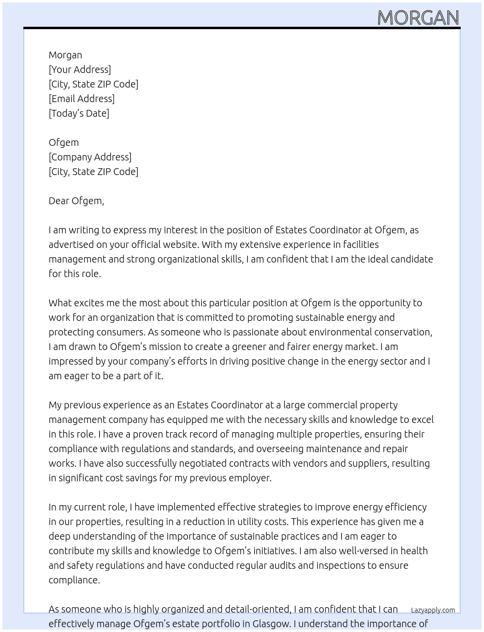 Estates coordinator At Ofgem Cover Letter