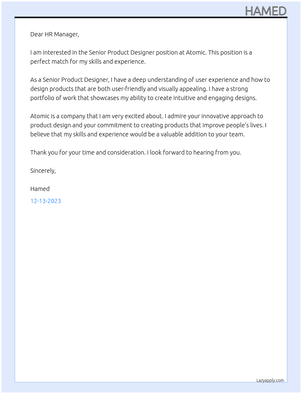 Senior product designer At Atomic Cover Letter