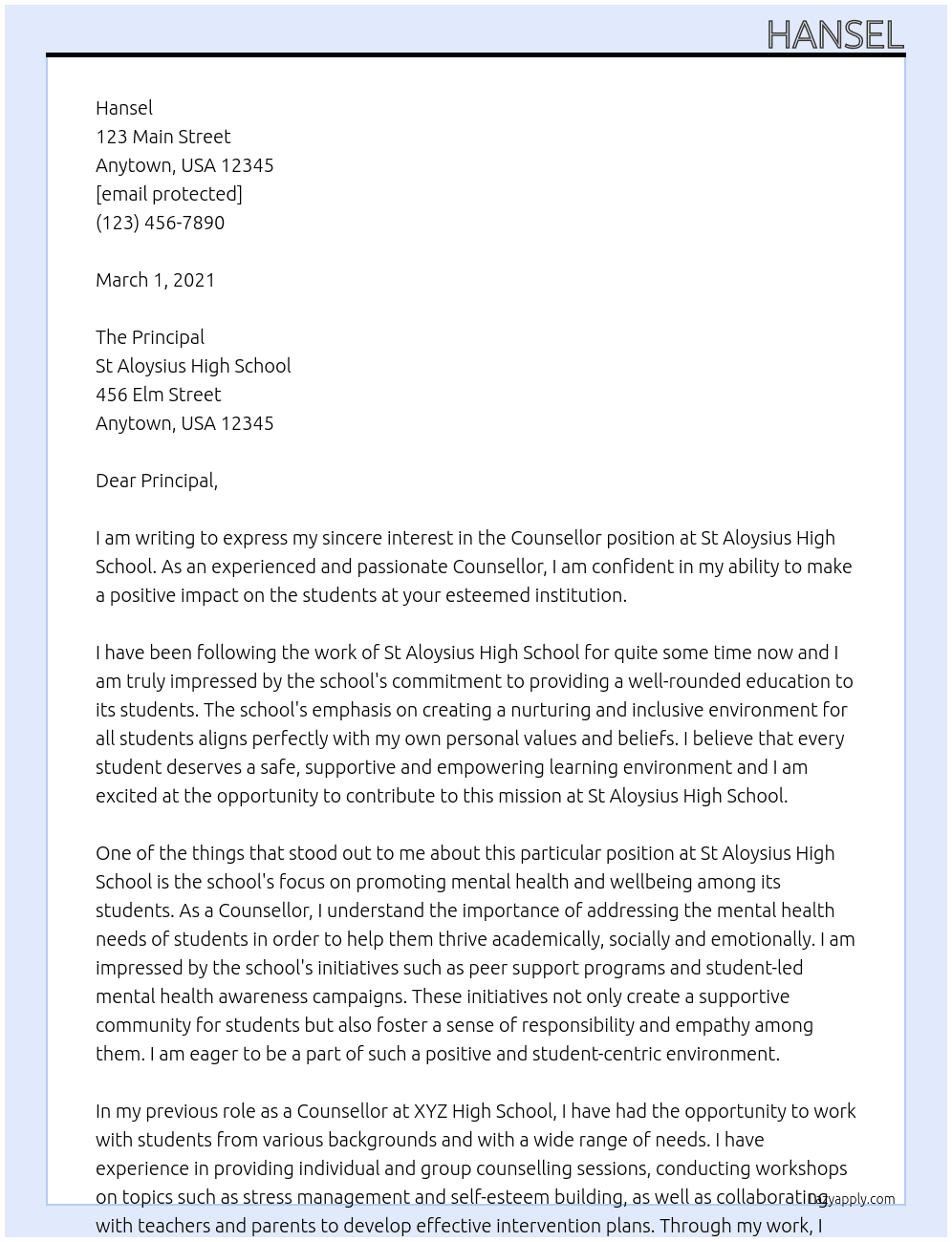 Counsellor At St Aloysius High School Cover Letter
