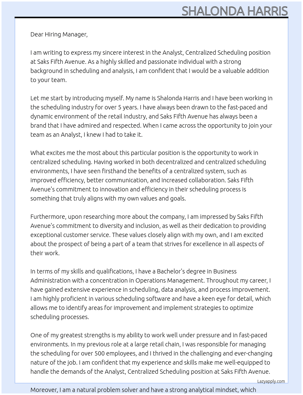 Analyst, Centralized Scheduling At Saks Fifth Avenue Cover Letter