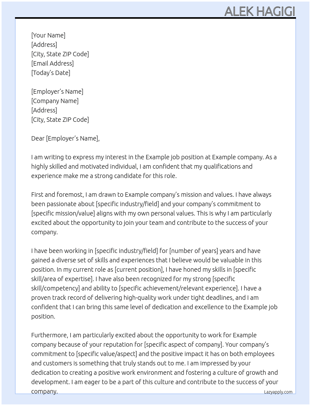 Example job At Example company Cover Letter