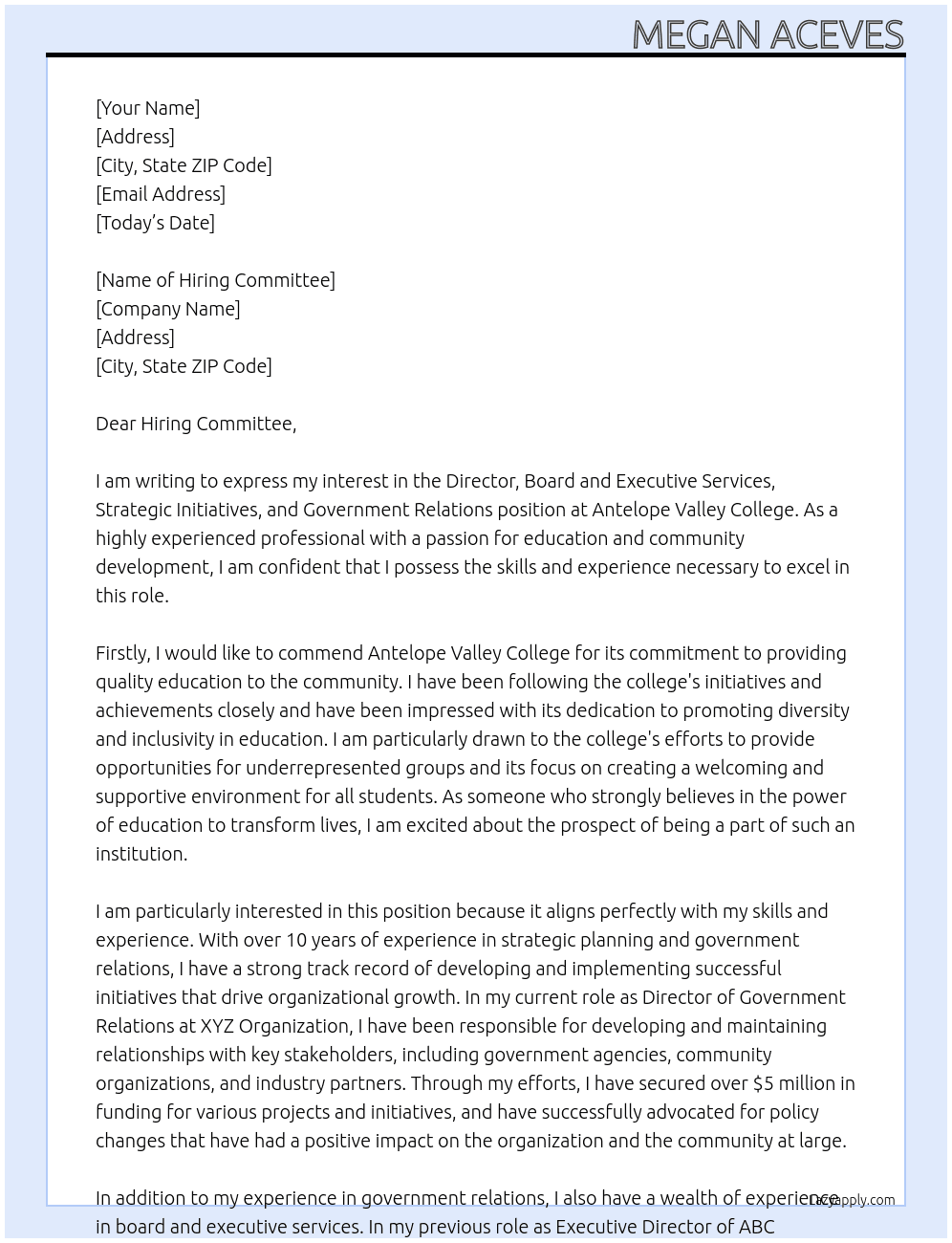 Cover letter for director, board and executive services, strategic initiatives, and government relations - LazyApply