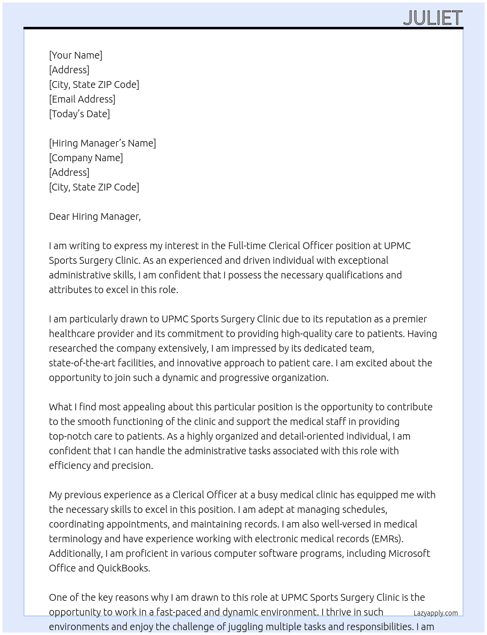 Full-time Clerical Officer At UPMC Sports Surgery Clinic. Cover Letter