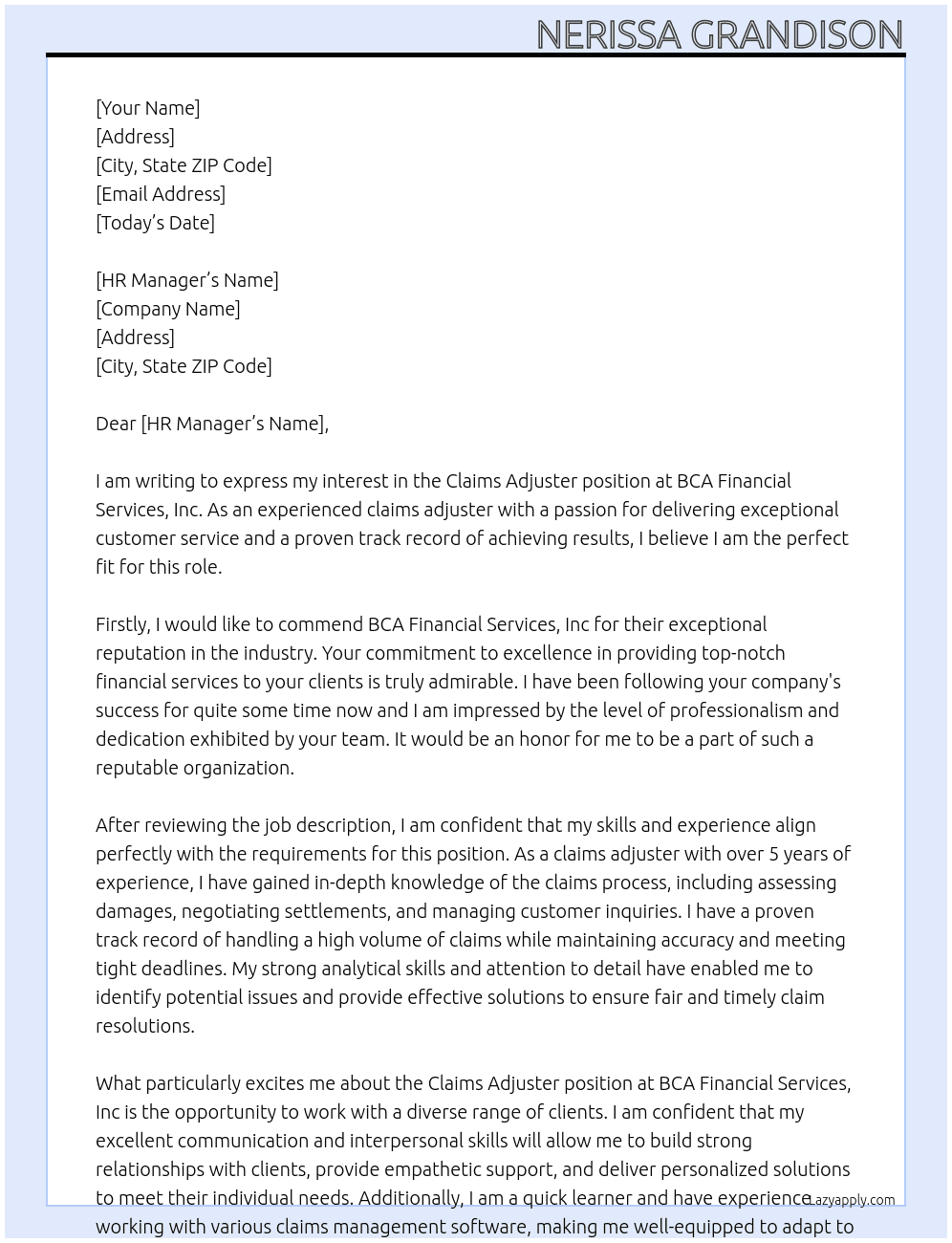 Claims Adjuster At BCA Financial Services, Inc Cover Letter