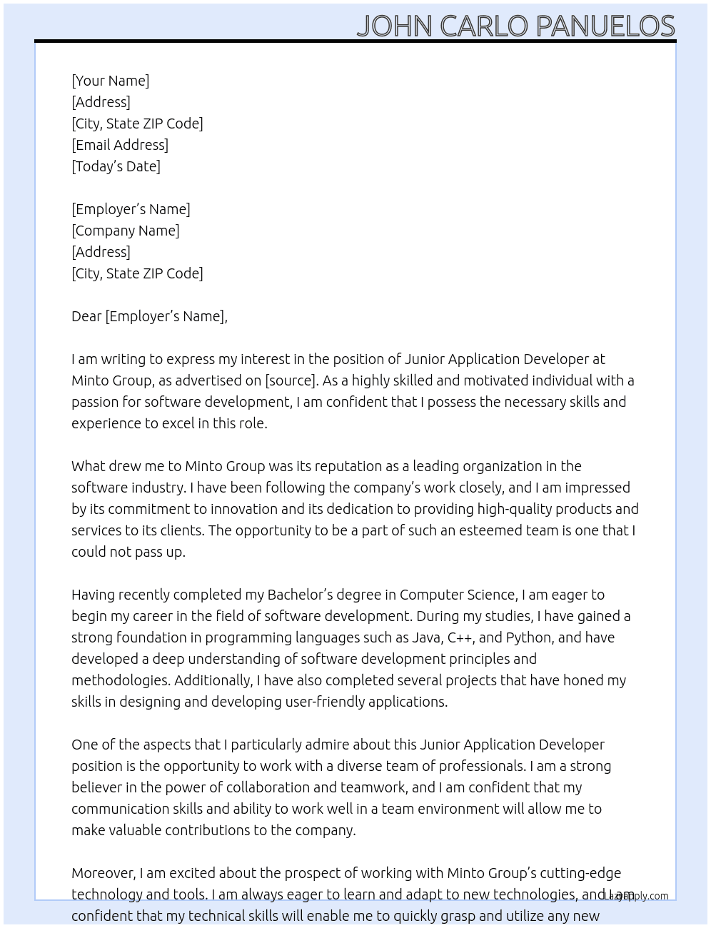 Junior Application Developer At Minto Group Cover Letter