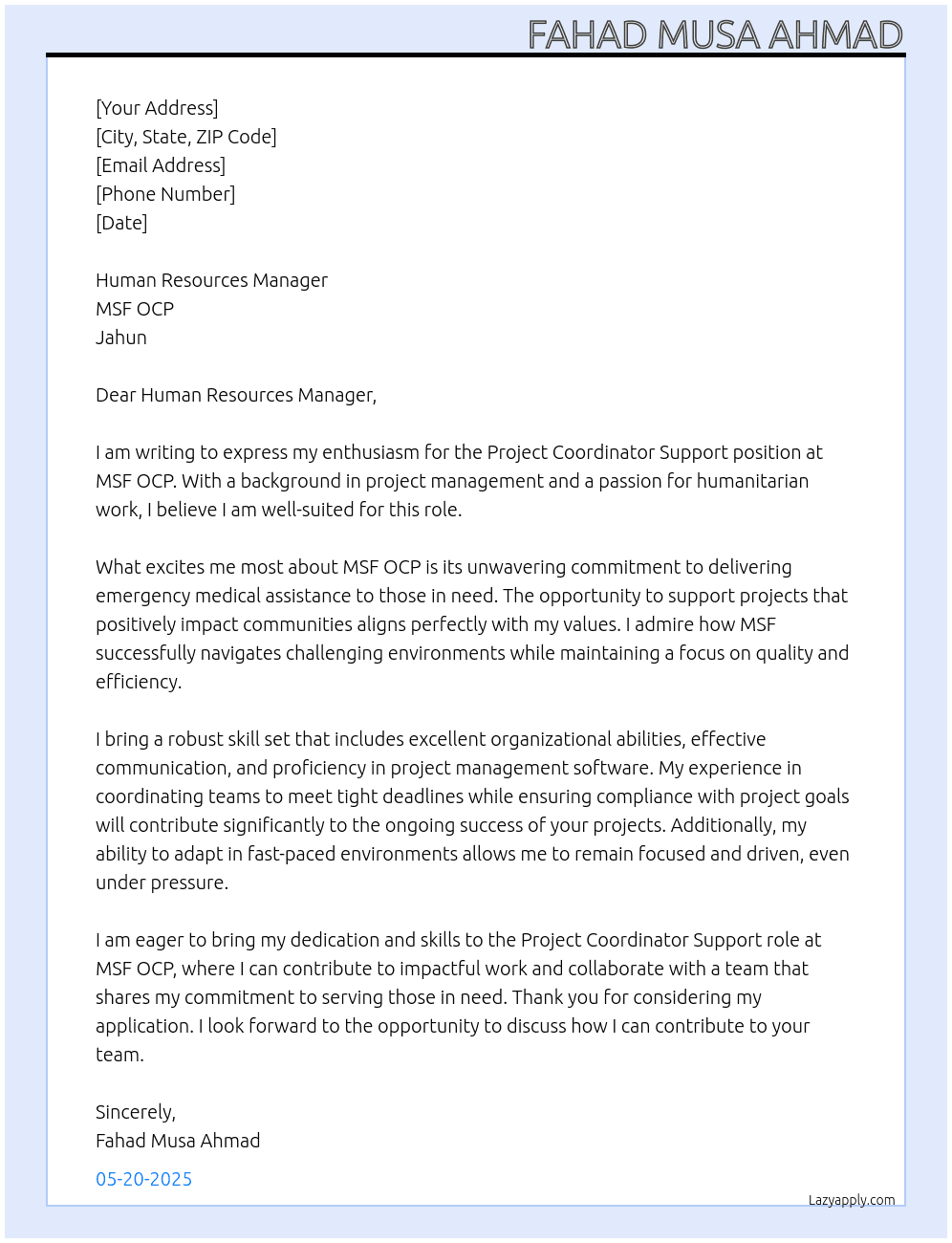 Cover letter for project coordinator support - LazyApply