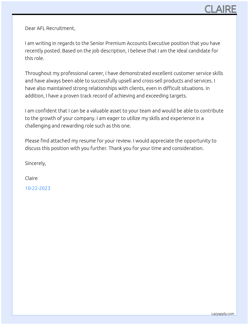Senior Premium Accounts Executive  At AFL Cover Letter